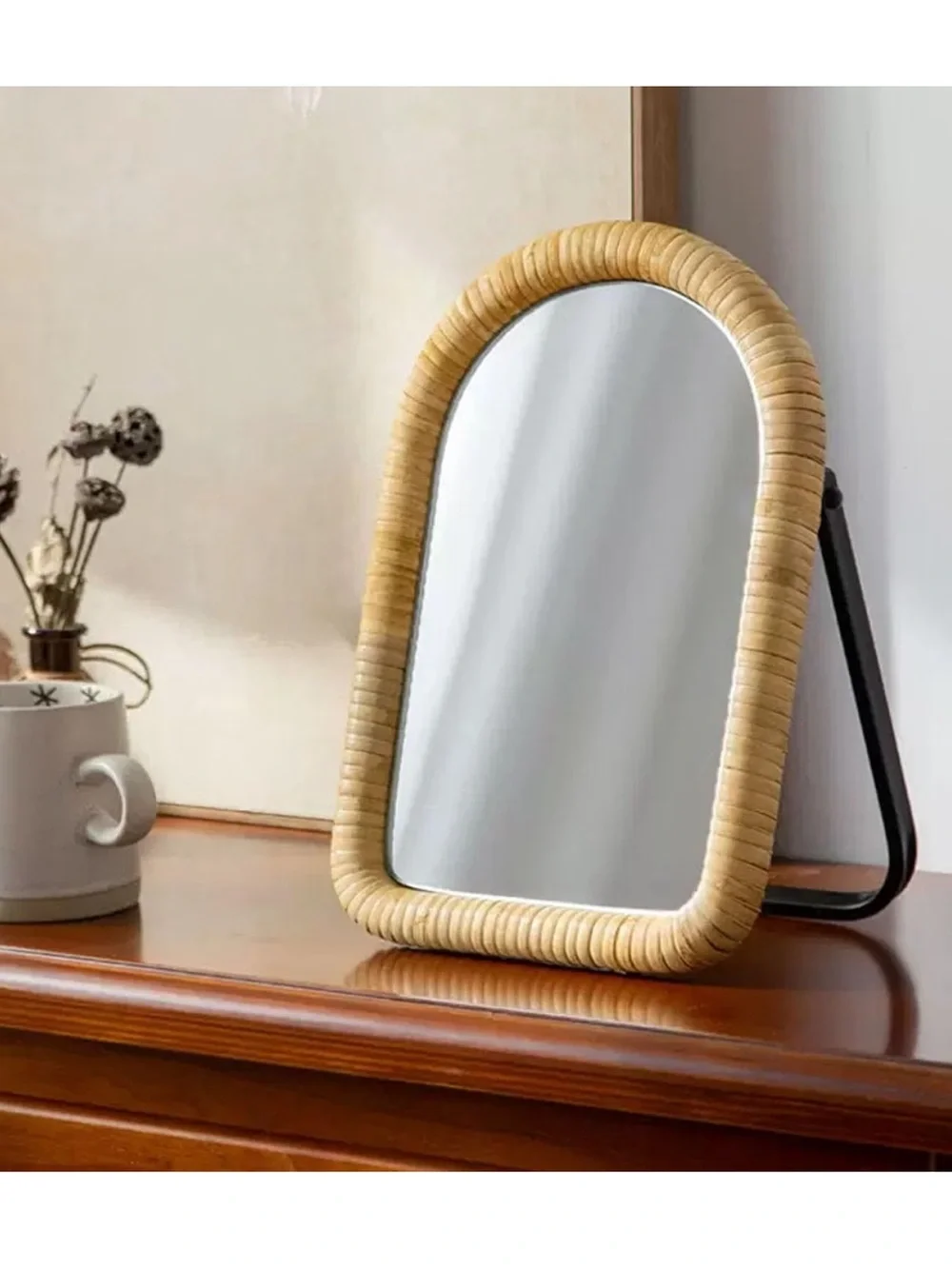 Boho Arched Vanity Table Rattan Mirror with Metal Stand ✨🕊️🪞